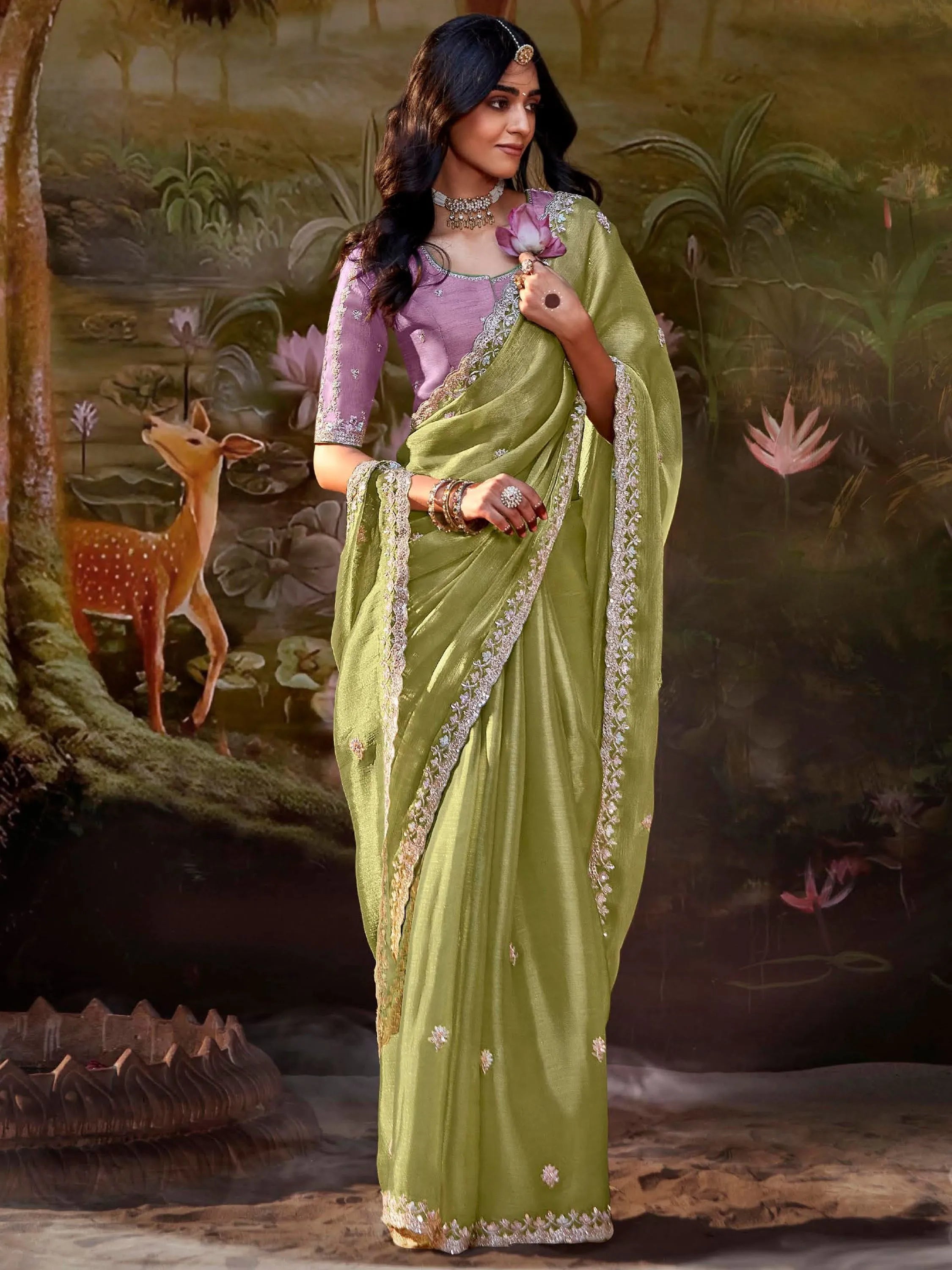 Pista Green Pure Organza Festival Wear Saree With Blouse Discount Cheap