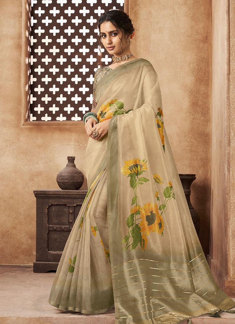 Organza Base Printed Beige Floral Saree Cheap Pice Outlet Sale