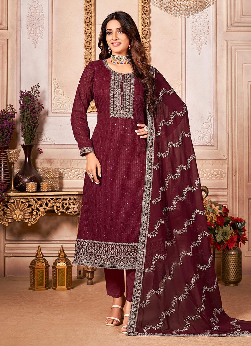 Heavy Sequins Embroidered Maroon Pant Style Suit With Credit Card Cheap Online