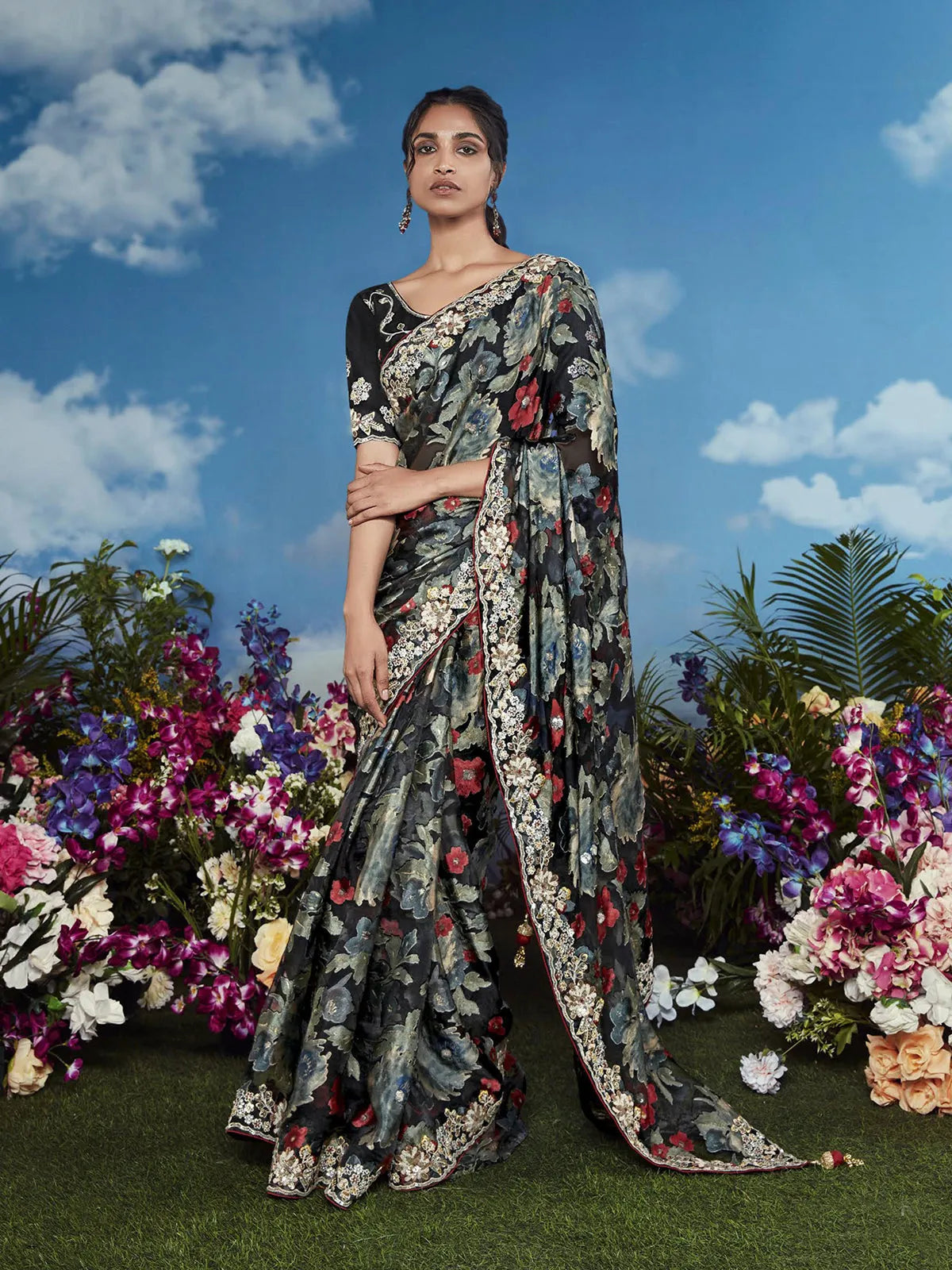 Unforgettable Black Heavily Floral Embroidered Brasso Saree Amazon Online