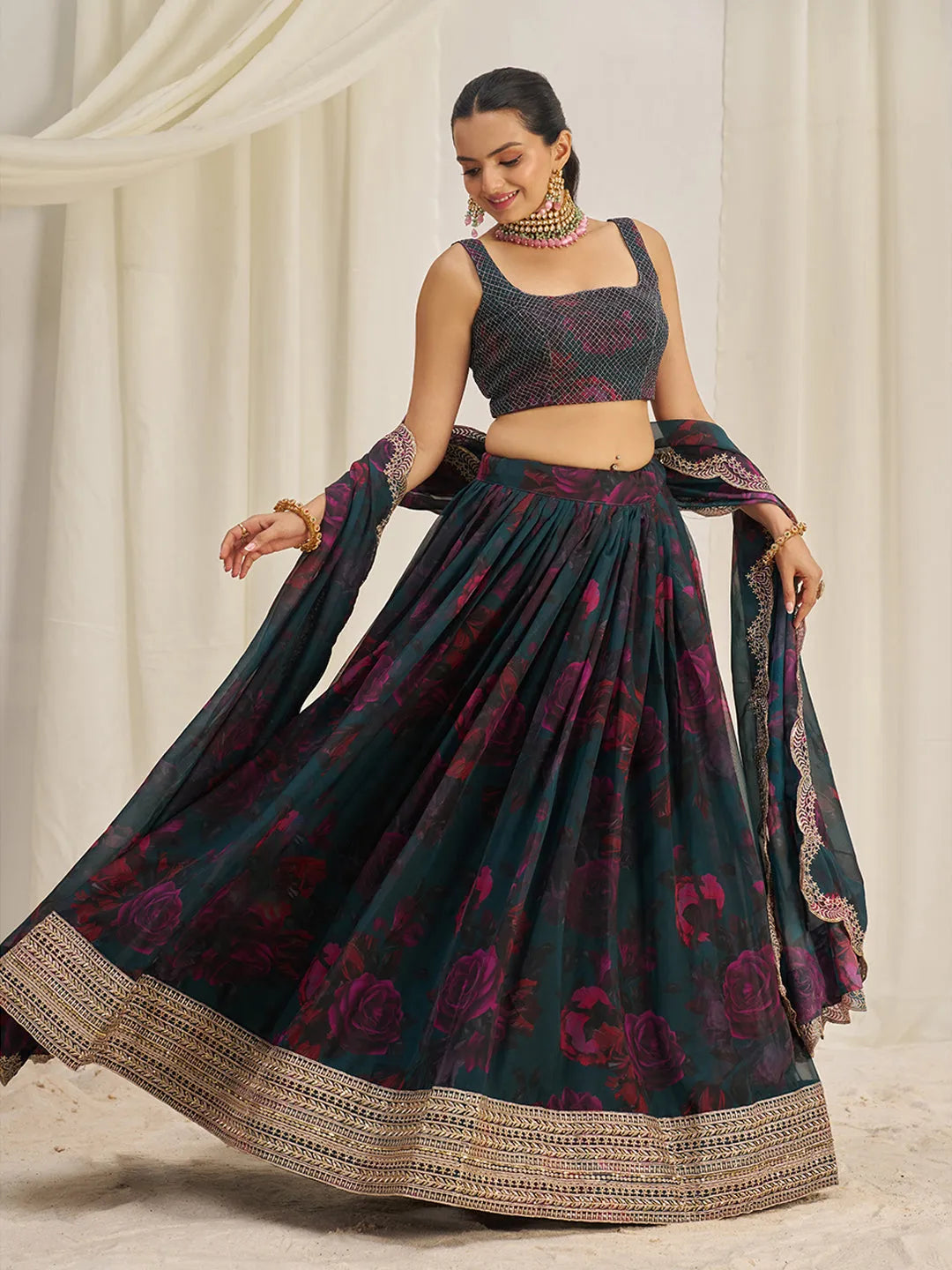 Teal Organza Zari Dori Sequins Floral Lehenga Choli Set Visa Payment