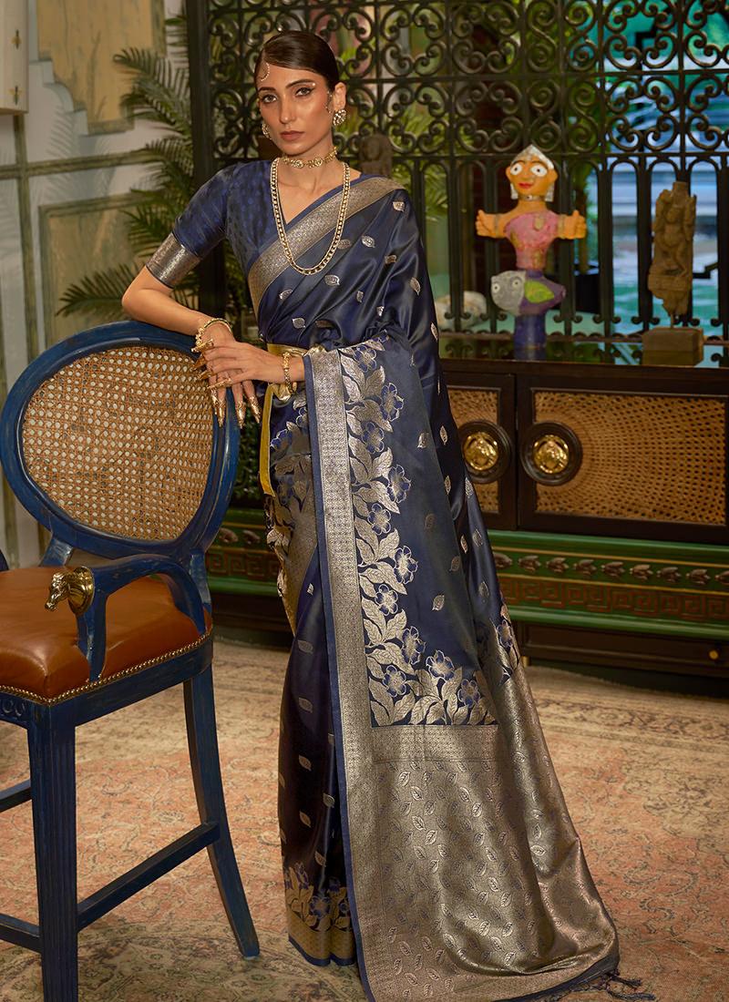 Navy Blue Striped Silk Weave Classic Saree Cheap Finishline