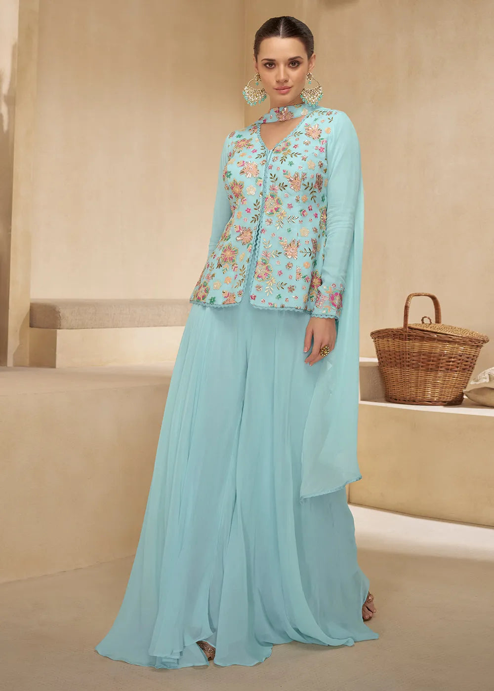 Sky Blue Pure Georgette Floral Embroidered Top Palazzo Suit Free Shipping Huge Surprise