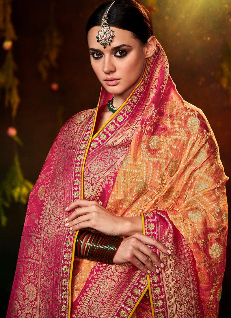 Embroidered Blouse With Light Orange Bandhej Saree Real Sale Online