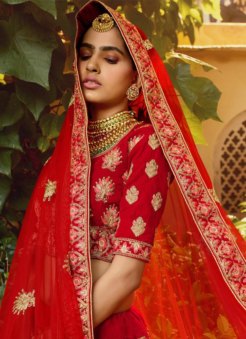 Incredible Red Velvet Base Embroidered Bridal Lehenga Choli Pices Online