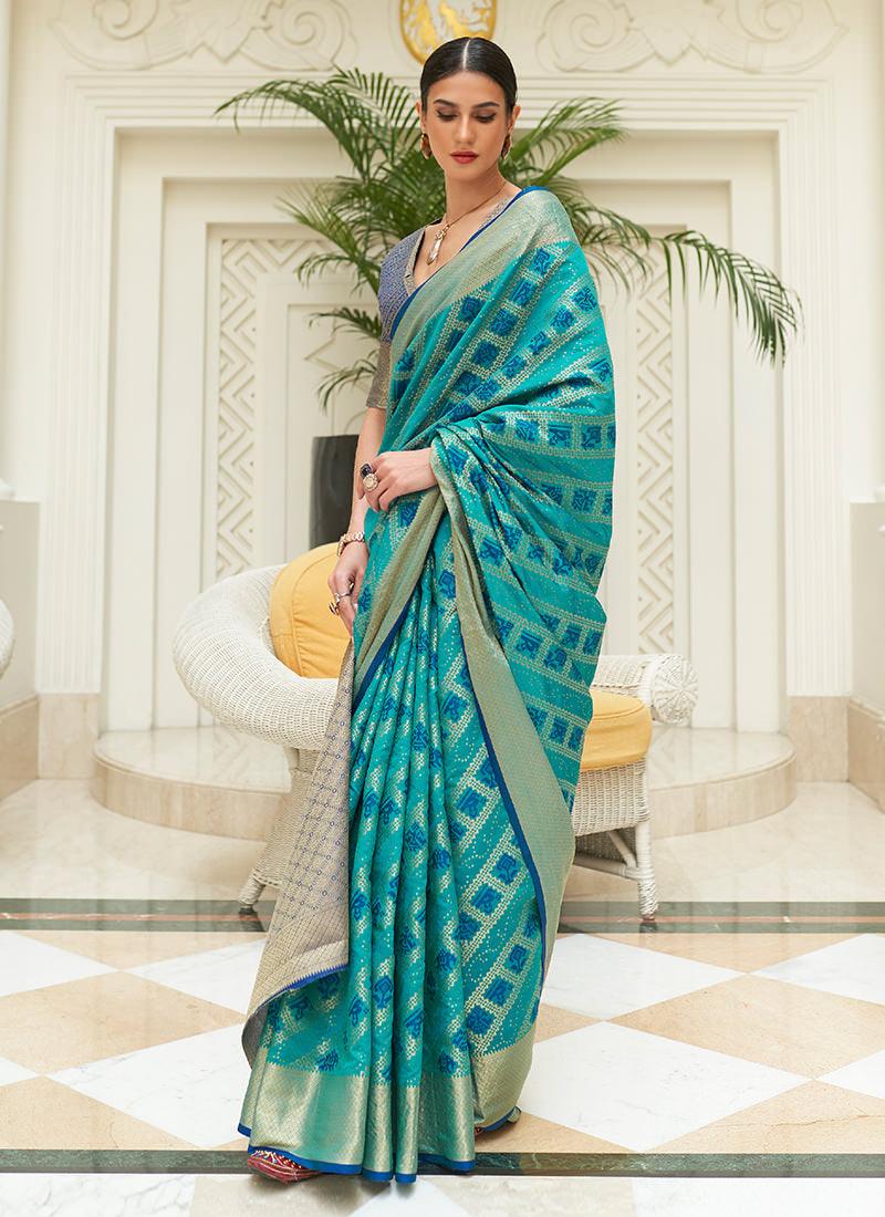 Classic Wear Turquise Patola Silk Saree Outlet