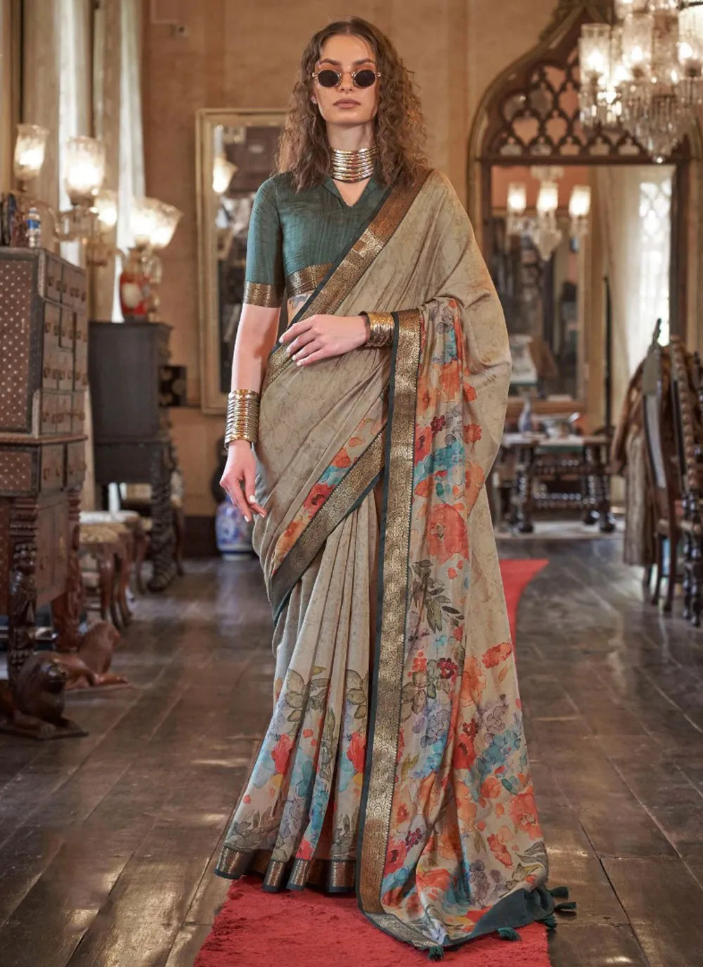 Graceful Grey Contemporary  Printed Viscos Soft Silk Saree Pre Order Online