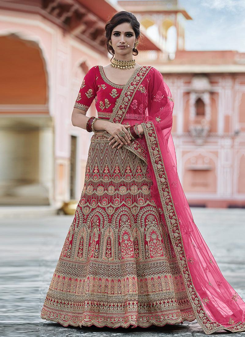 Alluring Look Velvet Base Pink Color Zari And Sequins Work Lehenga Cheap Online