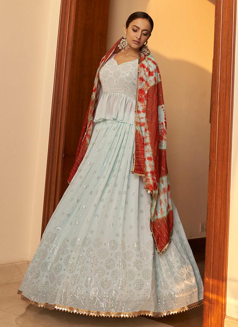 Sky Blue Color Mukaish Work Long Choli Lehenga With Full Sleeves Blouse Enjoy Online