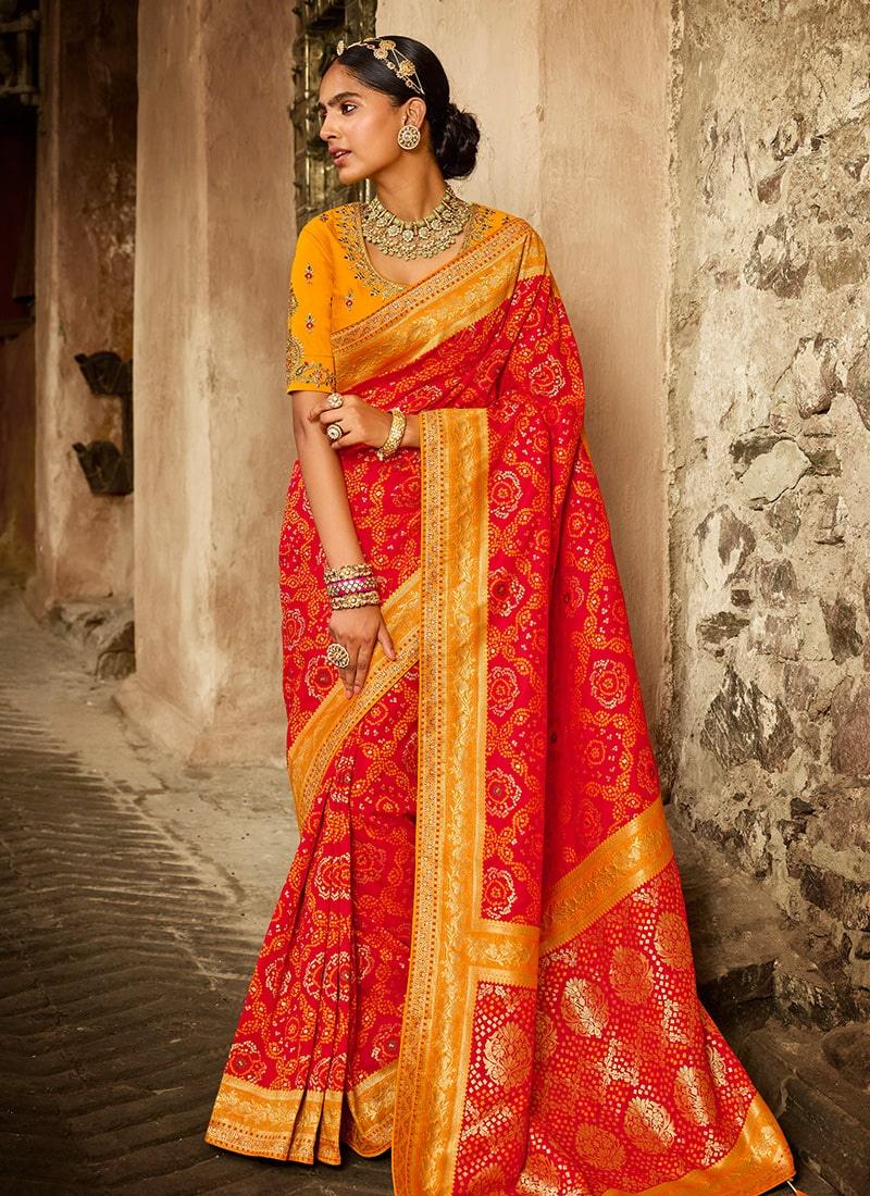 Dark Orange Color Silk Base Silk Weave Saree With Heavy Work Blouse Cheap Low Shipping