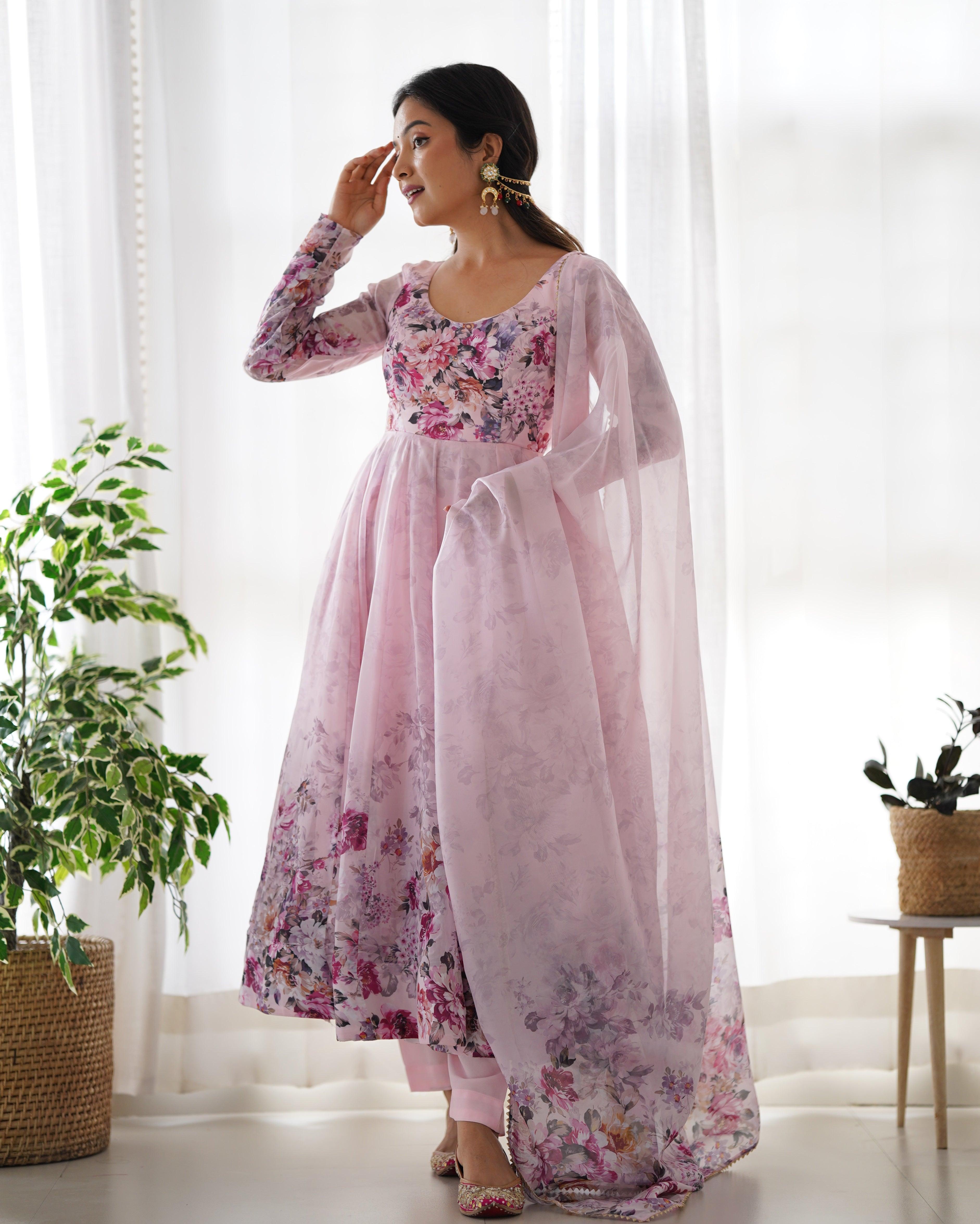 Pink Organza Printed Anarkali Suit With Dupatta Cheap Sale Buy