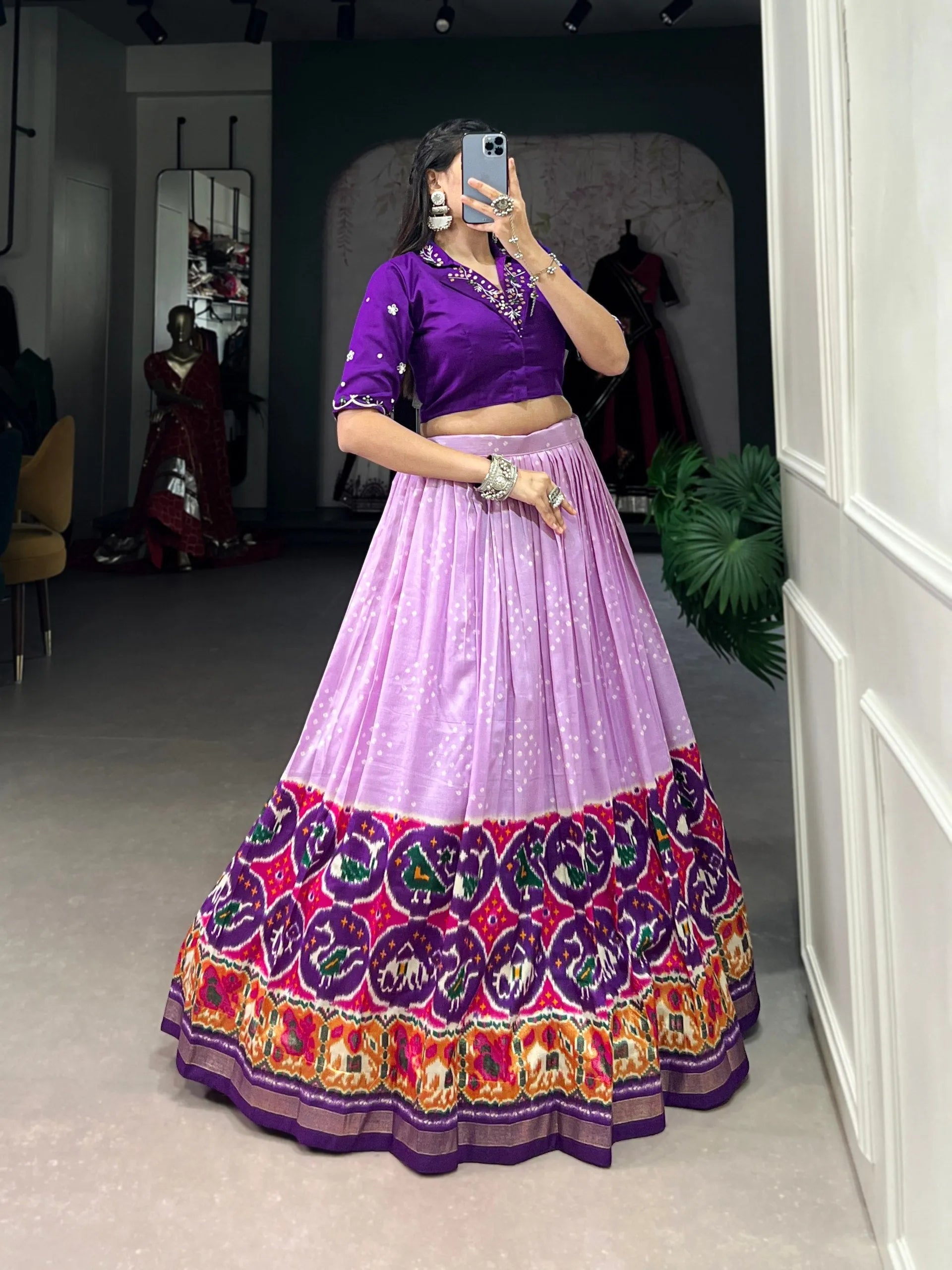 Exquisite Bandhej Printed Tussar Silk Lehenga Choli Shop For Sale