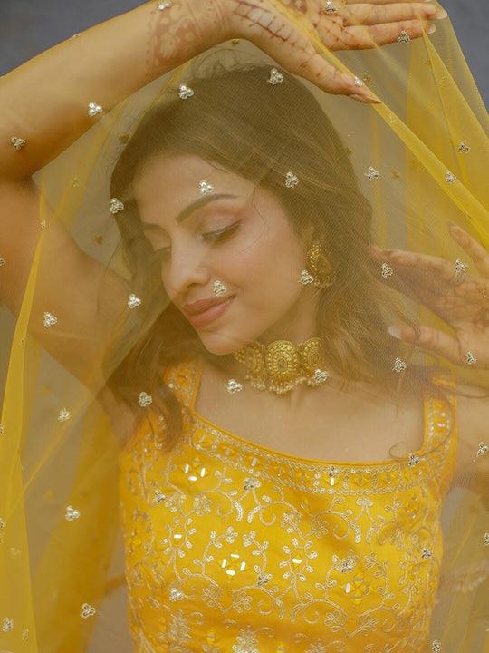 Yellow Silk Embroidered and Printed lehenga choli For Sale Online