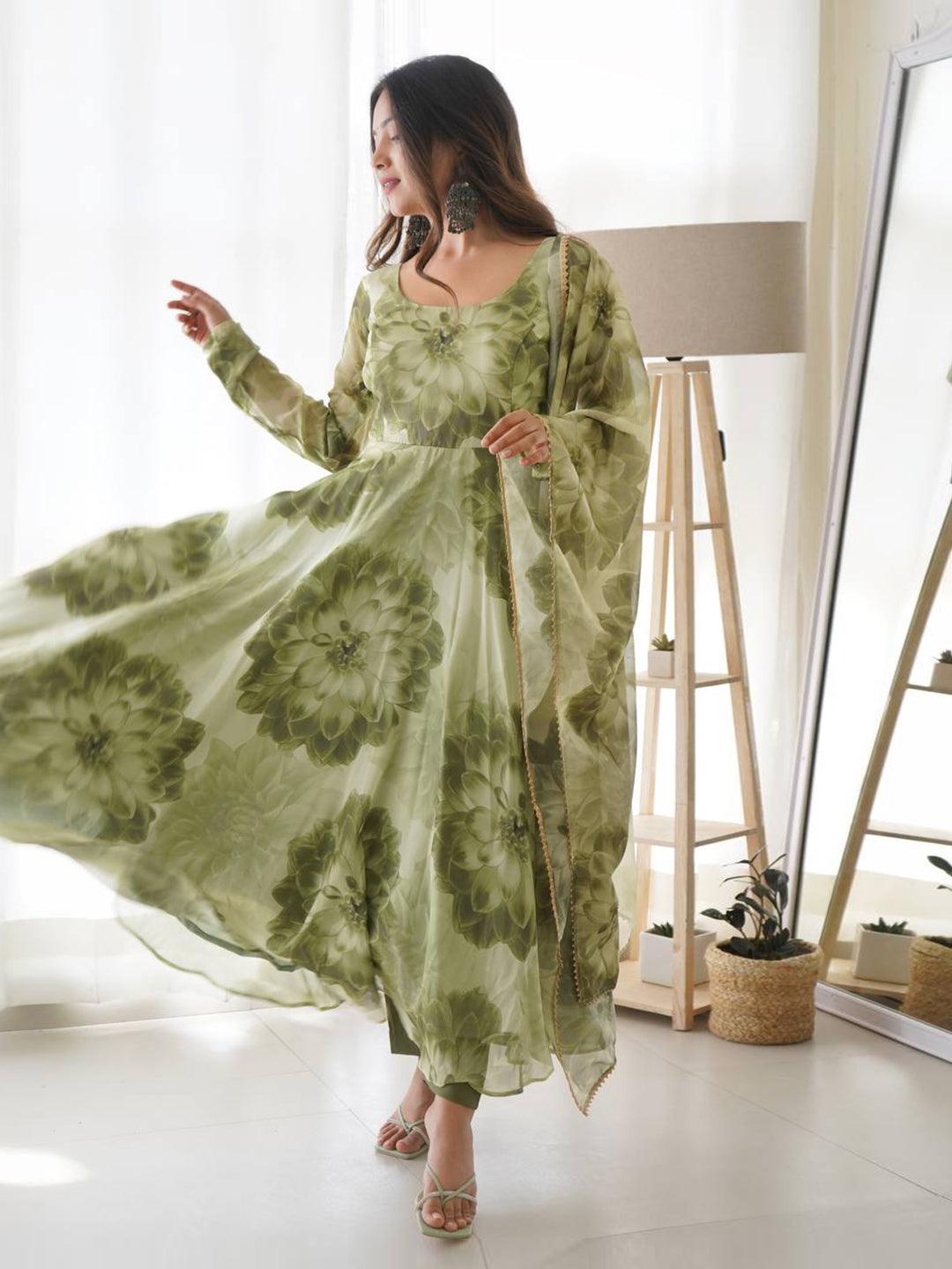 Printed green floral gown with dupatta Big Sale Sale Online