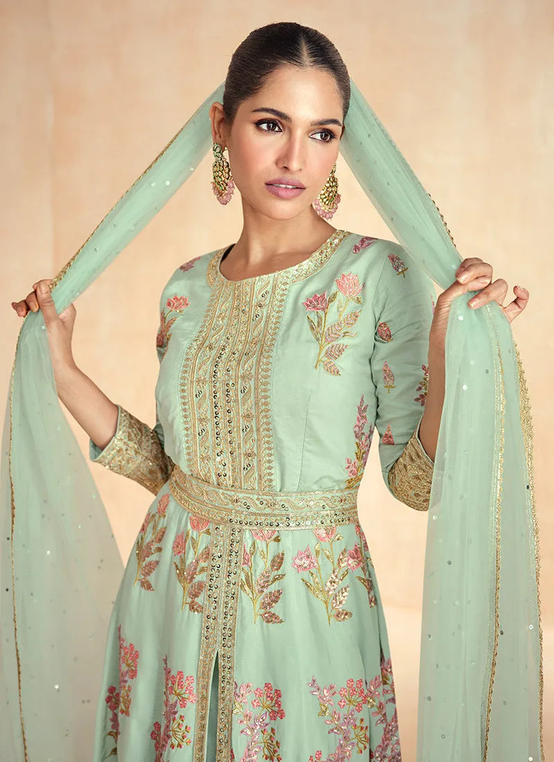 Fabulous Mint Green Multi Embroidery Slit Style Anarkali Suit For Sale Finishline