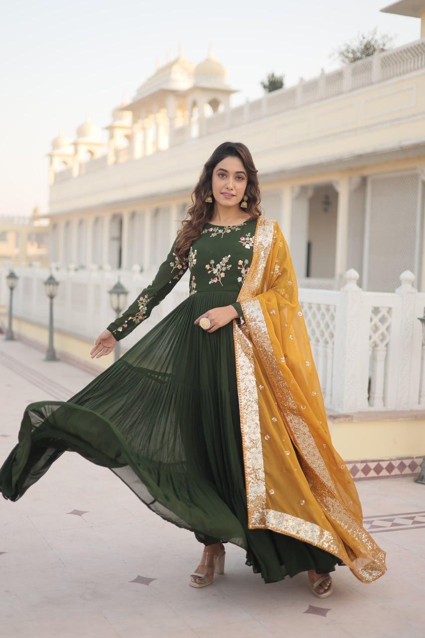 Green Georgette Embroidered Gown with dupatta Order Cheap Online