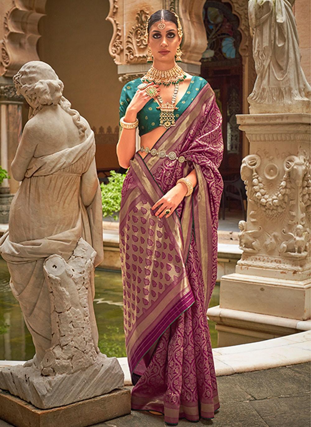 Wine Colored Silk Jacquard Weaving Worked Designer Saree Pick A Best For Sale