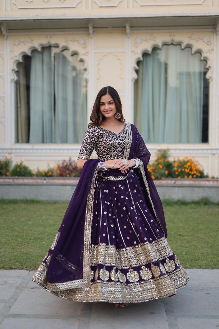 Wonderful Purple Faux Georgette Heavy Sequins Embroidered Lehenga Choli Set Cheap Sale How Much