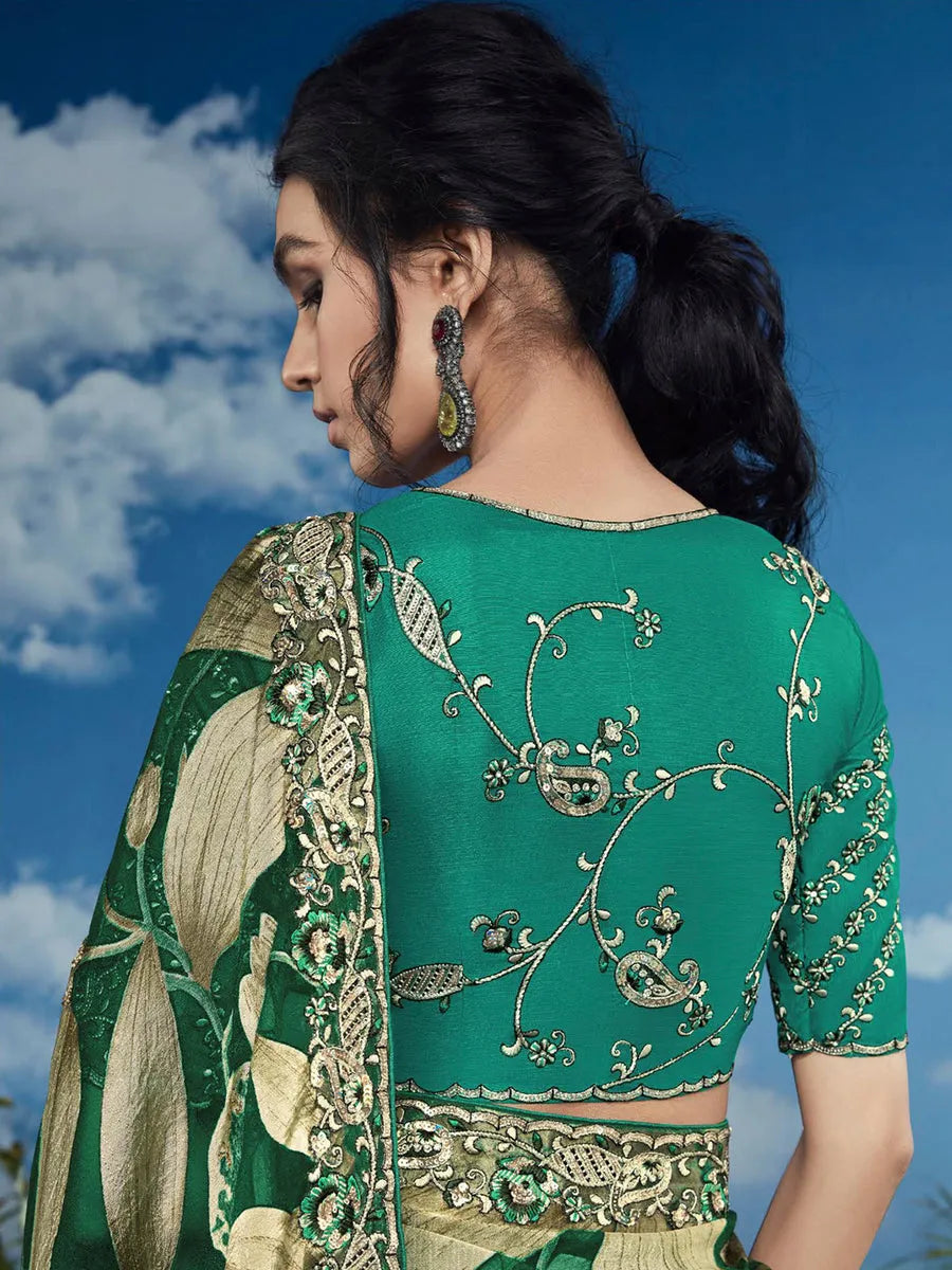 Pleasing Green Heavily Floral Embroidered Brasso Saree Real Cheap Online