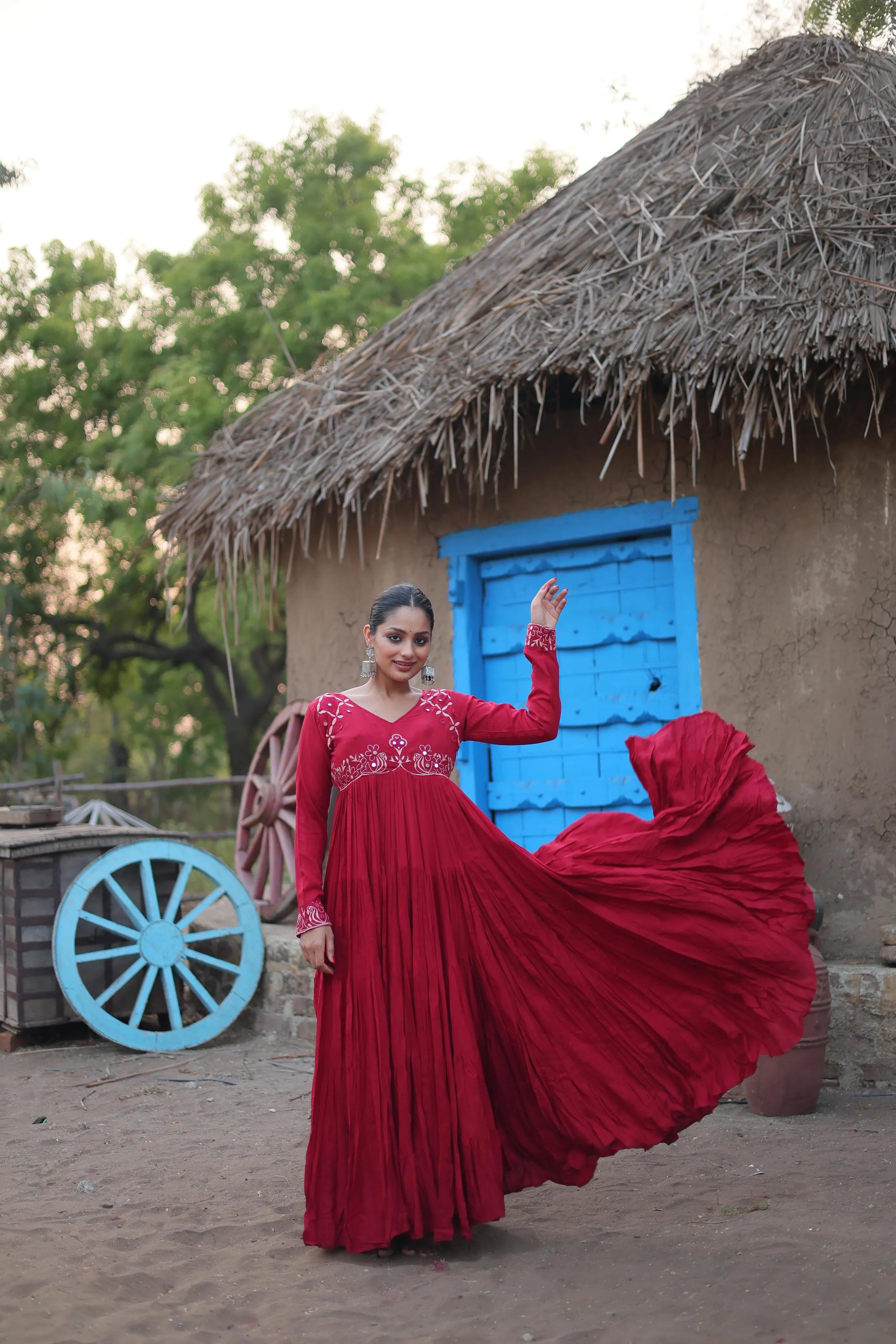 Maroon Rayon Fully Flared Mirror Worked Designer Navratri Gown Get To Buy