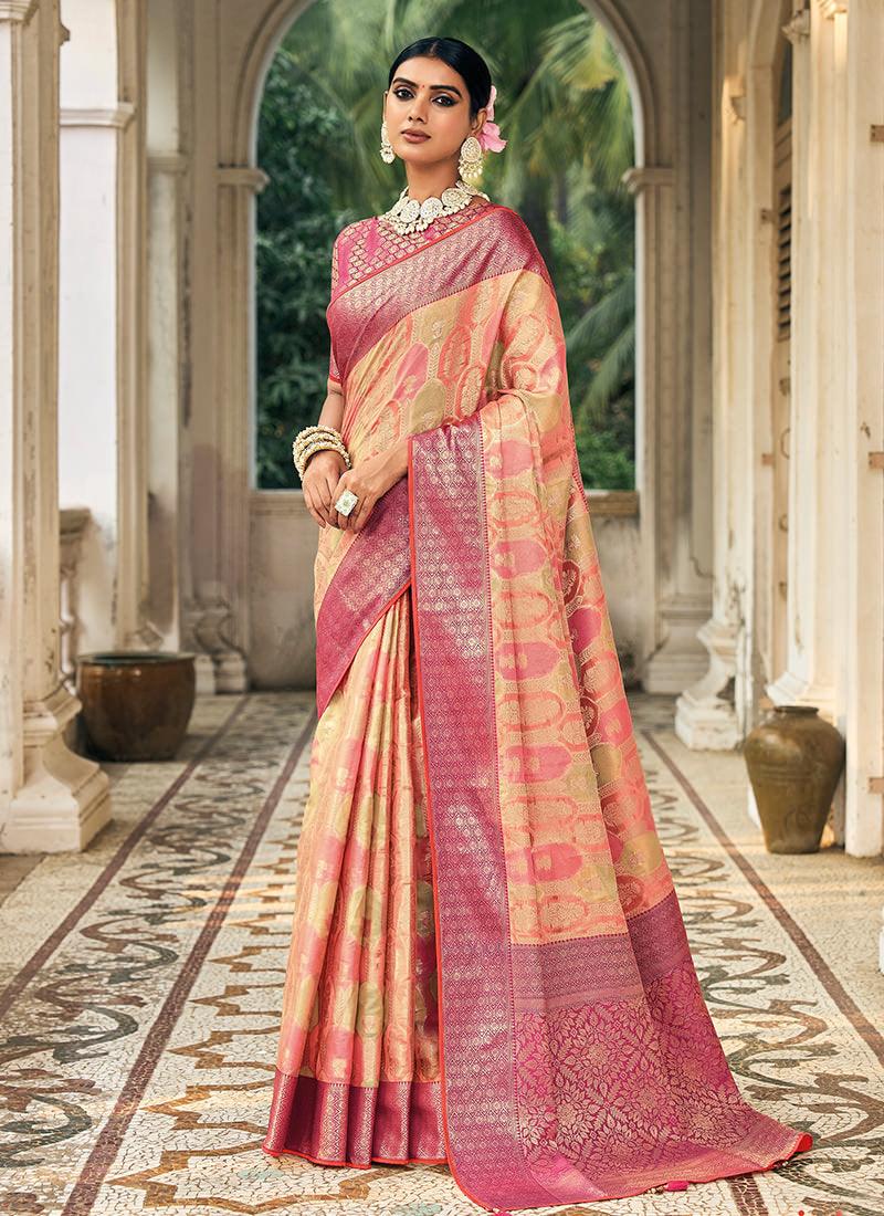 Classic Wear Printed Beige Organza Saree Wholesale Pice