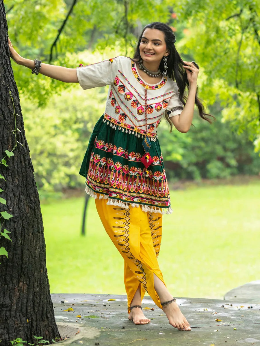 Off-White and  Green Embroidered  Kedia Set for Navratri In China Cheap Online