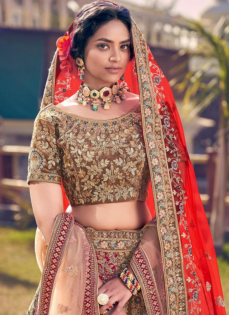 Brown And Red Color Velvet Base Wedding Wear Bridal Lehenga Purchase For Sale