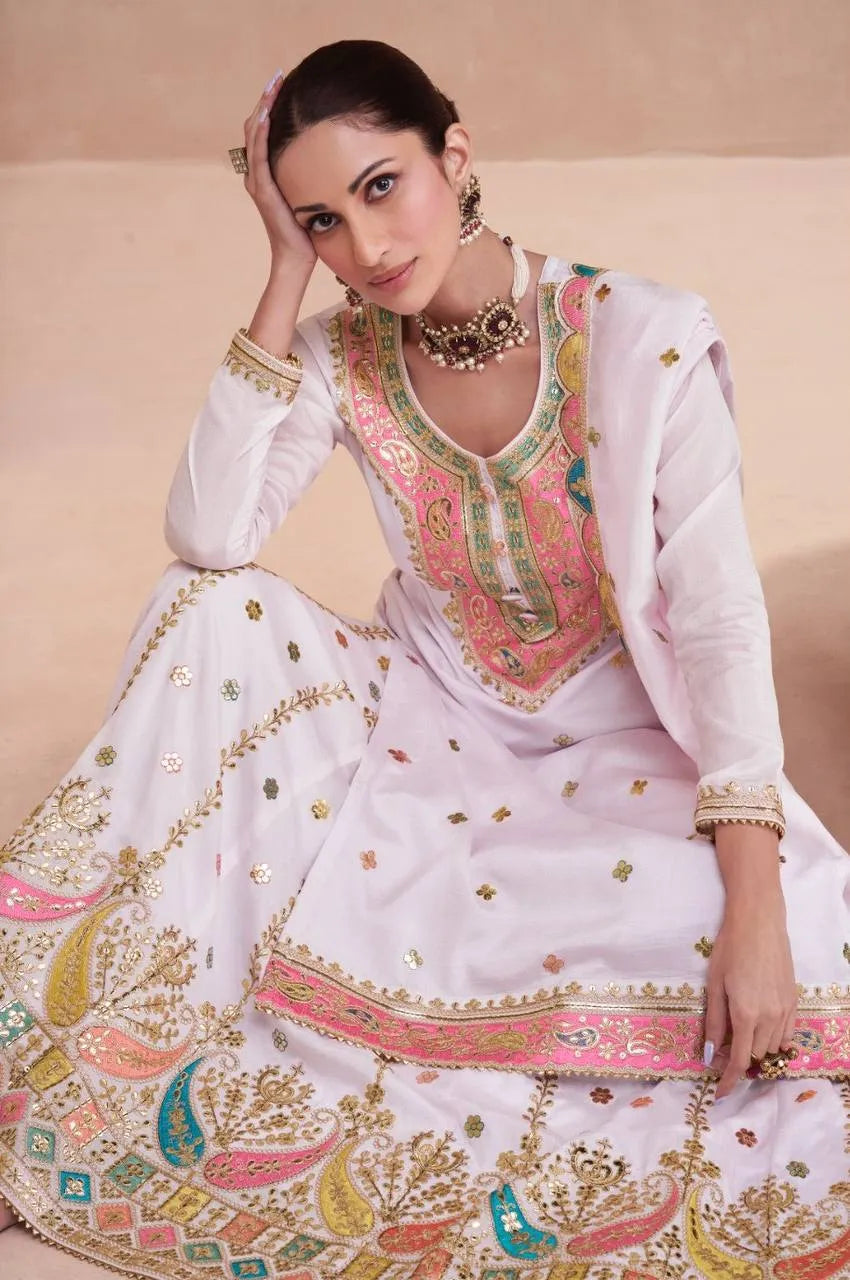 Flawless Off-White Chinon Embroidered Lehenga With Kurta For Cheap Pice