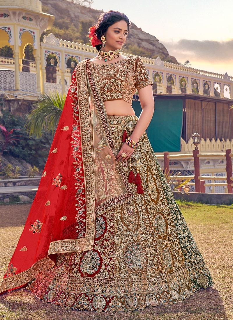 Brown And Red Color Velvet Base Wedding Wear Bridal Lehenga Purchase For Sale