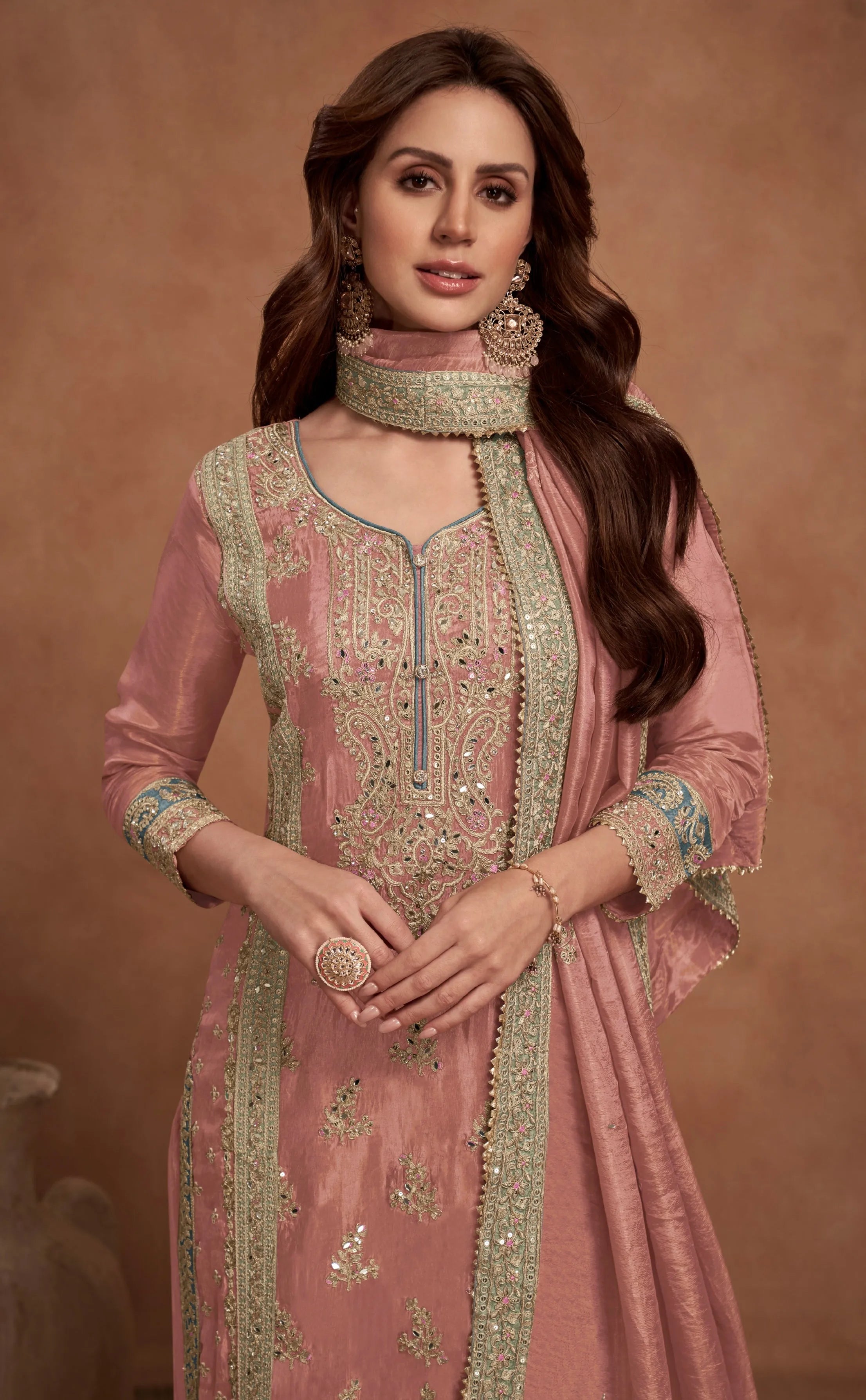 Dusty Pink Simar Silk Palazzo Suit with Golden Embroidery Cheap Online Store Manchester