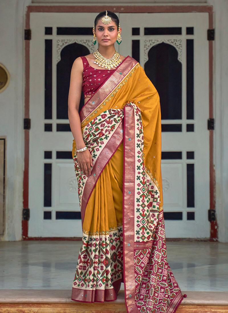 Mustard Yellow Foil Work Patola Silk Saree 100% Original Cheap Pice