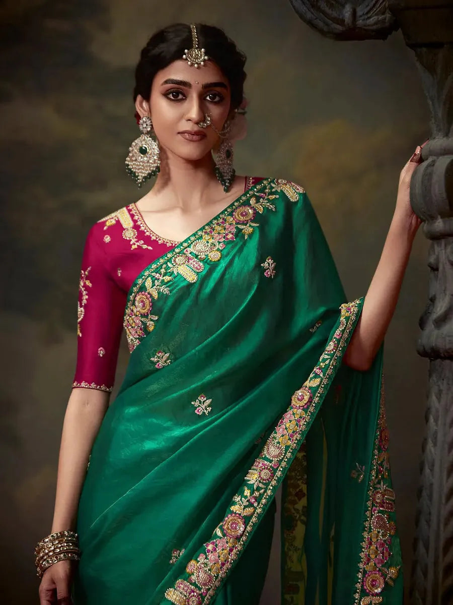 Elegant Dark Green Embroidered Fancy Saree Discount Supply