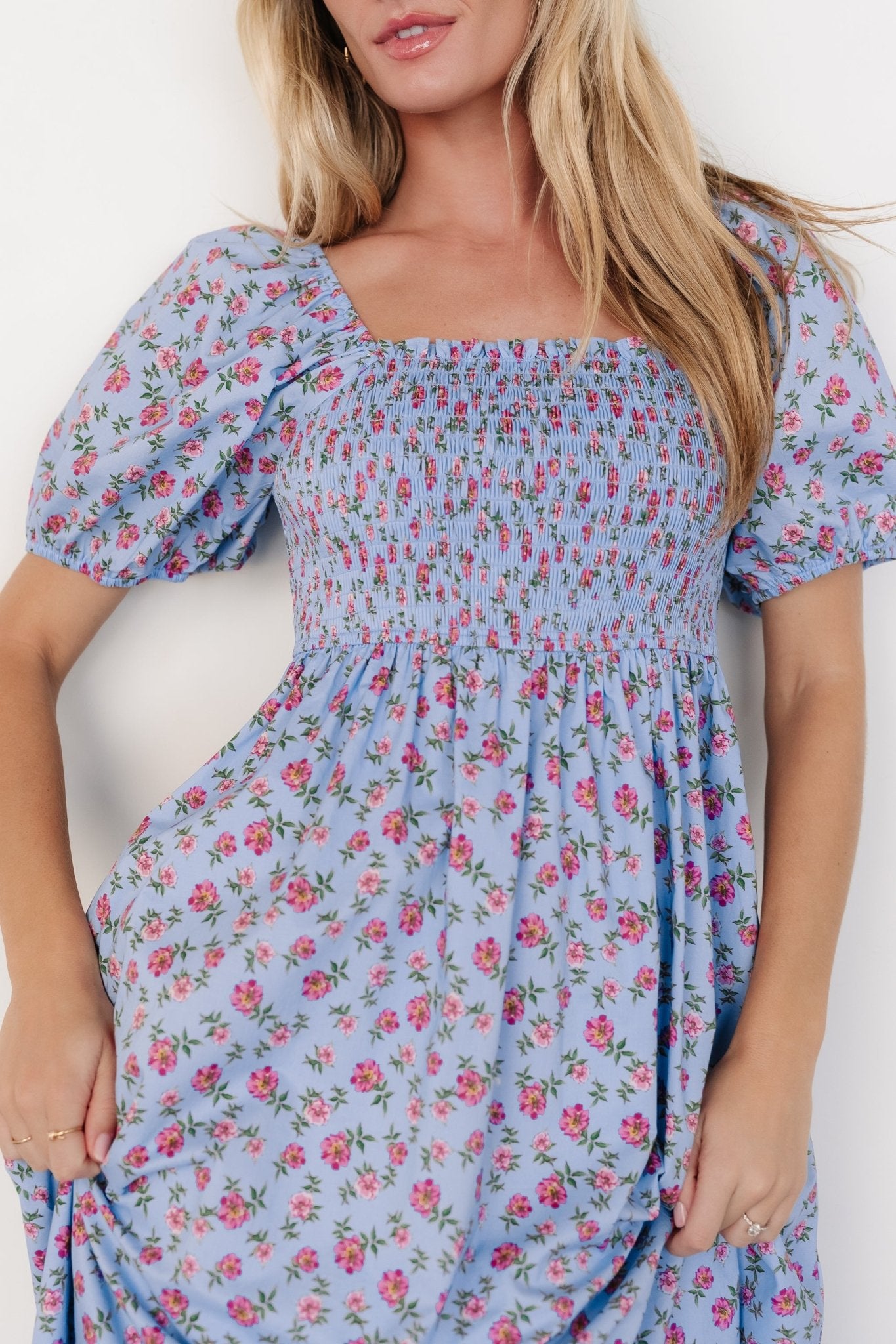 Haddie Smocked Midi Dress | Light Blue + Rose Floral For Sale Cheap Online