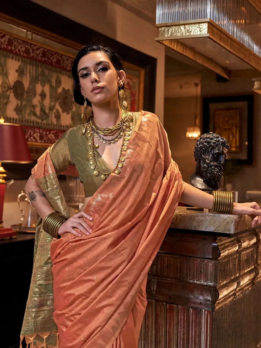 Pristine Peach Tussar Silk Handloomed Saree Outlet Fashion Style