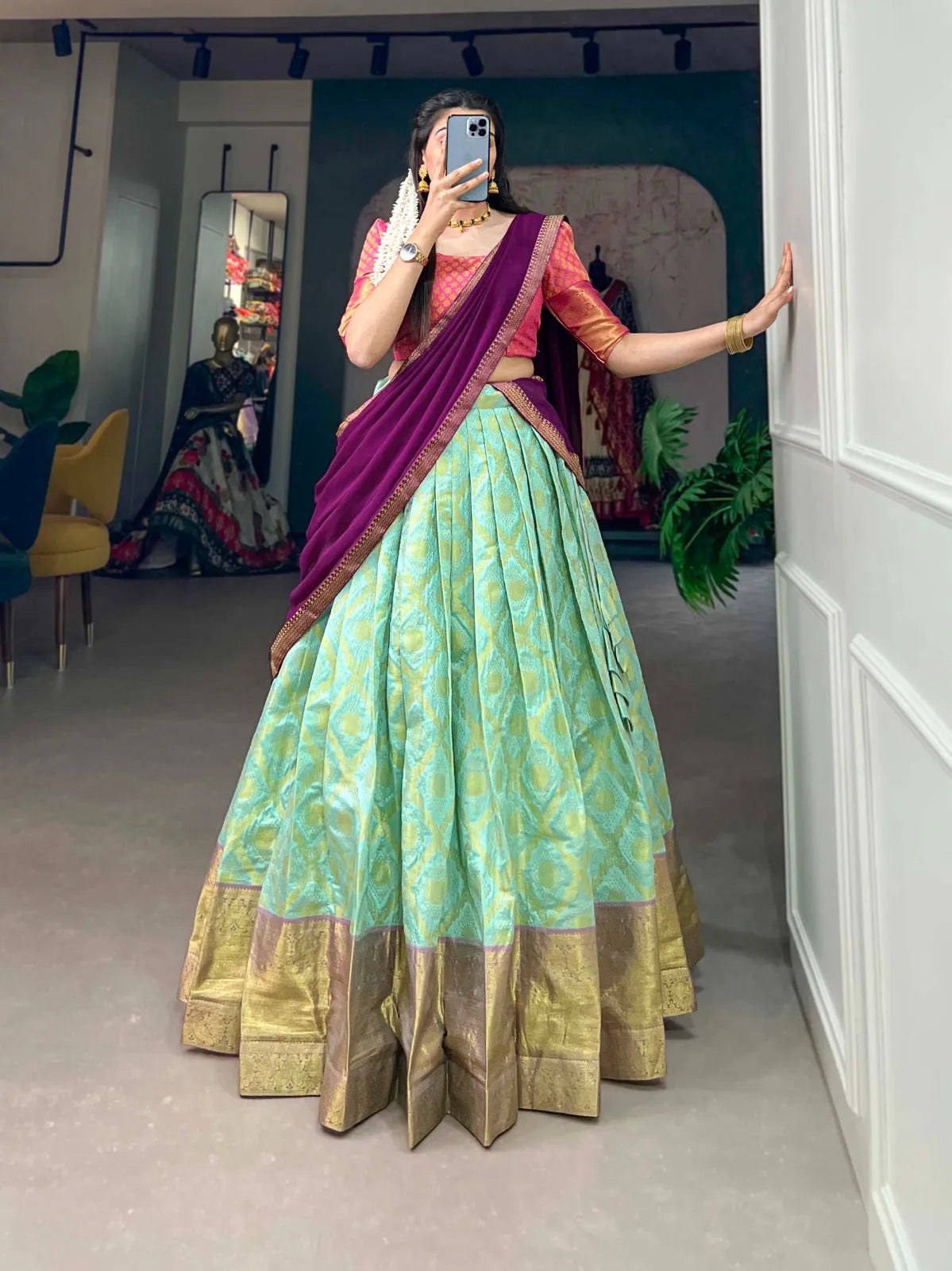 Iconic Jacquard Silk Sea Green Zari Weaved Lehenga Choli Set Discount Choice