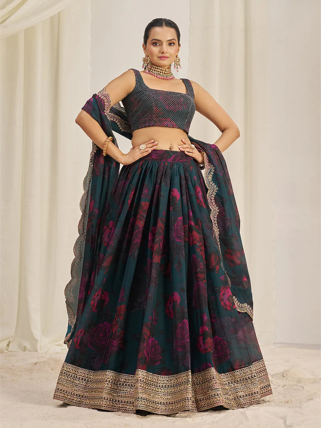 Teal Organza Zari Dori Sequins Floral Lehenga Choli Set Visa Payment