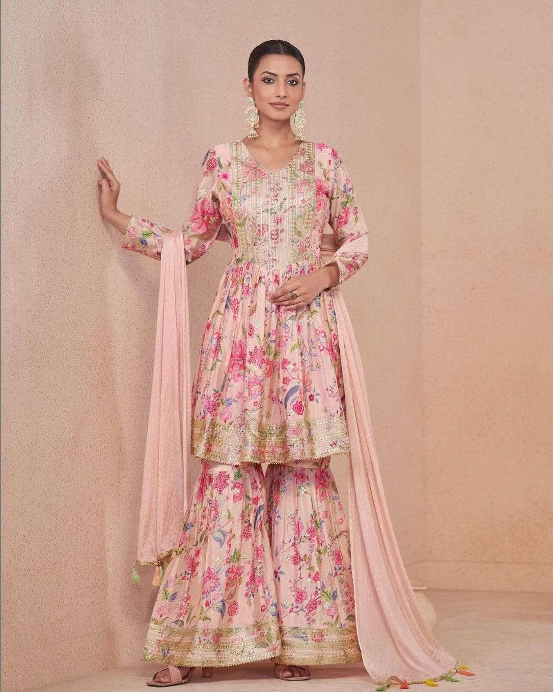 Gorgeous Pink Sequins Embroidered Floral Digital Printed Top Sharara Suit Visit