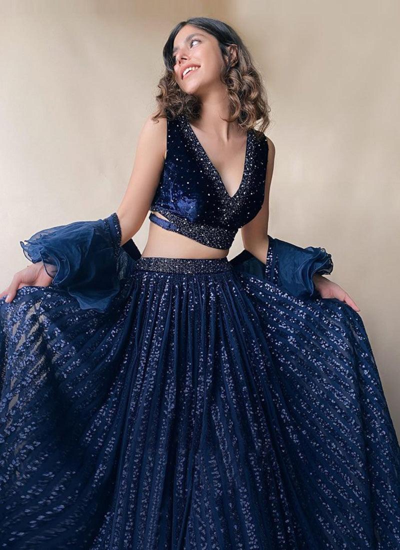 Low Cut Neck Navy Blue Designer Chaniya Choli Free Shipping Fashionable