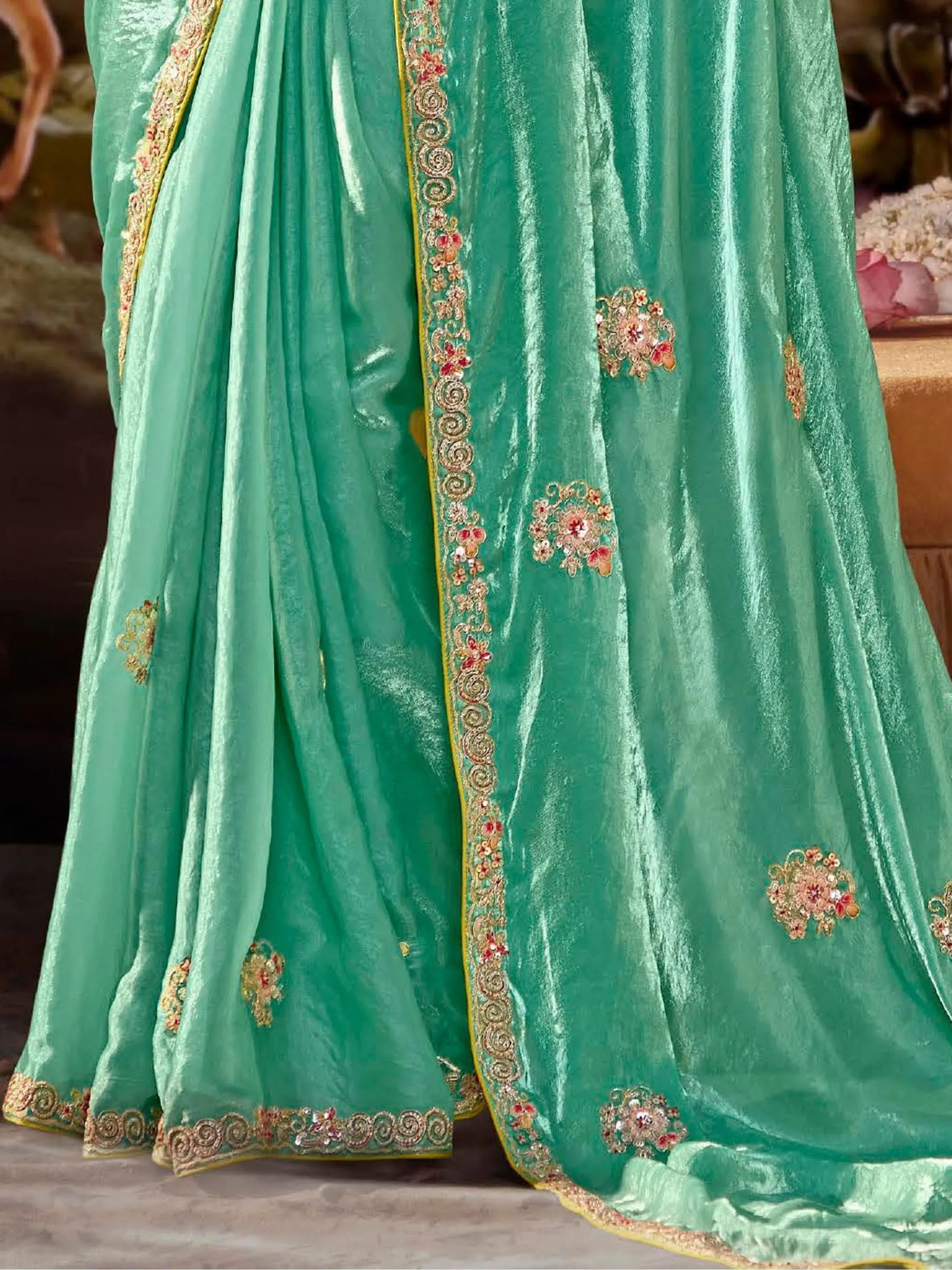 Teal Green Pure Organza Sequins Embroidered Festive Wear Saree Clearance Explore