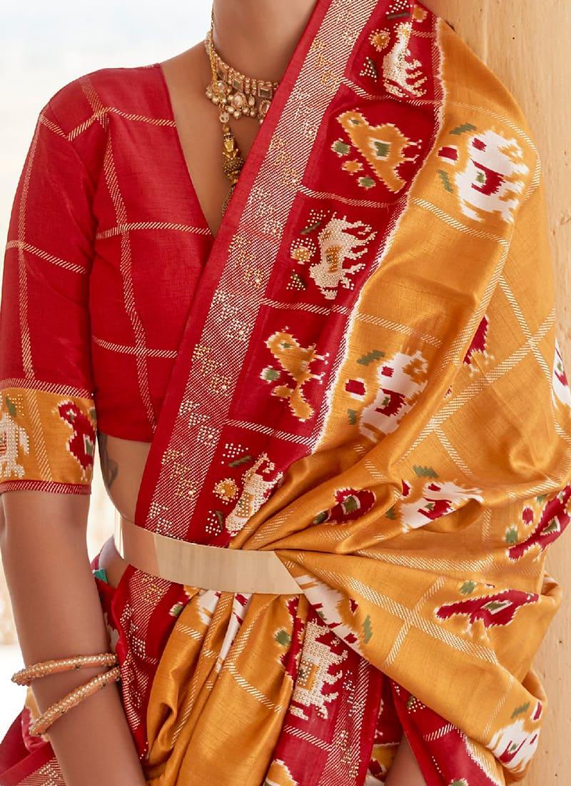 Silk Base Printed Mustard Patola Saree Websites For Sale