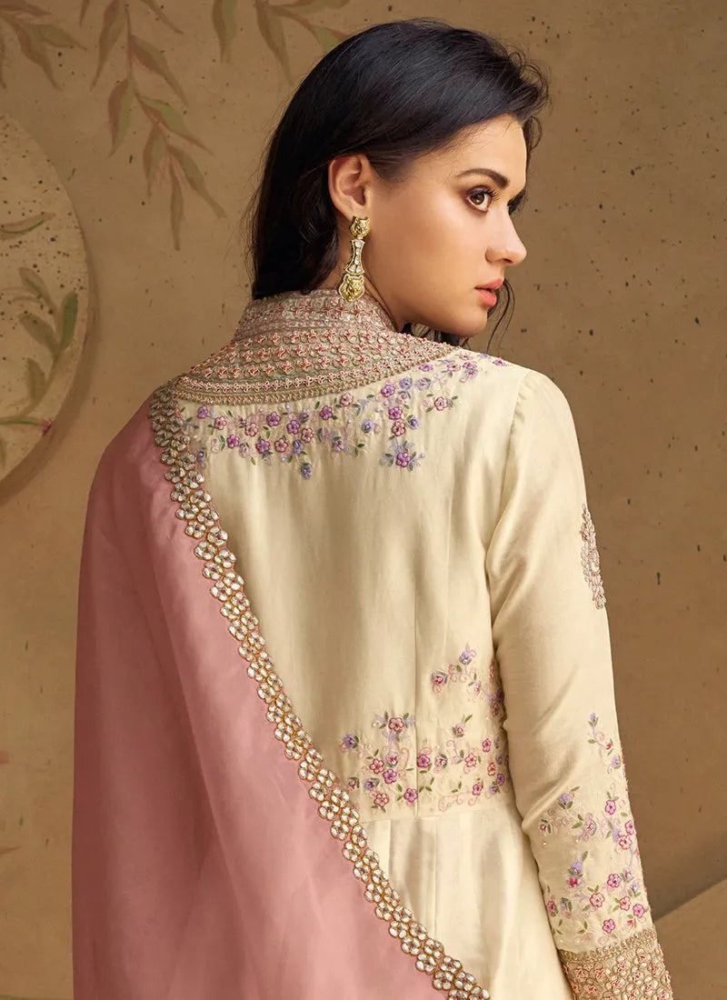 Cream Pure Silk Embroidered Designer Anarkali Pant Suit Cheap Sale Collections