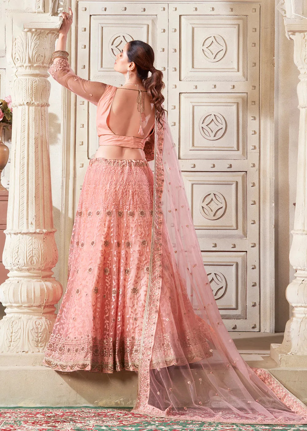 Precious Dark Peach Designer Wedding Style Lehenga Choli Store With Big Discount