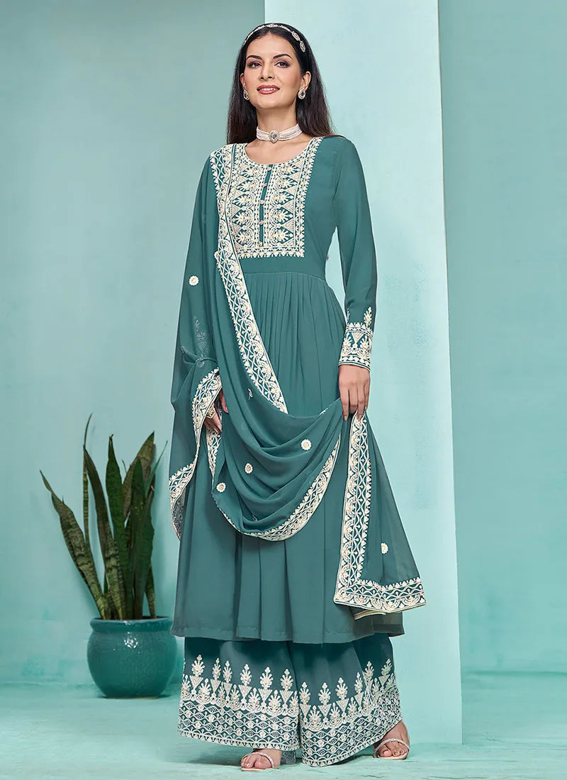 Traditional Turquoise Embroidered  Anarkali Palazzo Suit Clearance New Arrival