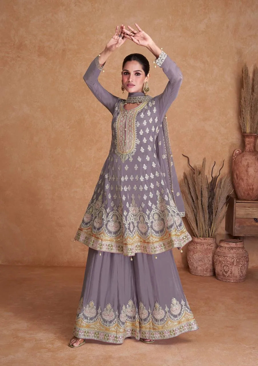 Lustrous Lavender Georgette Embroidered Sharara Suit Pay With Paypal Online