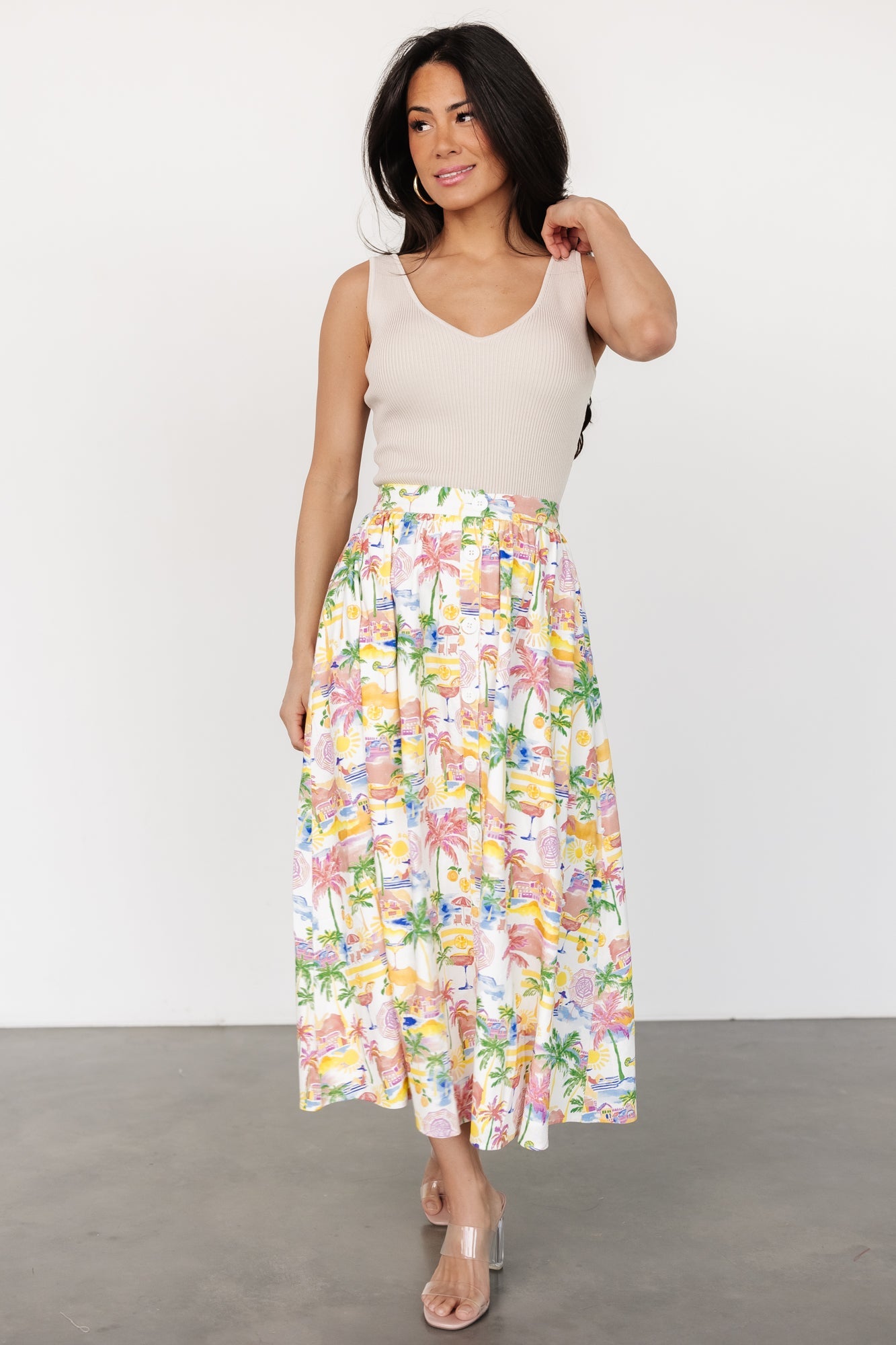 Gigi Button Midi Skirt | Off White + Multi Print Free Shipping Pices