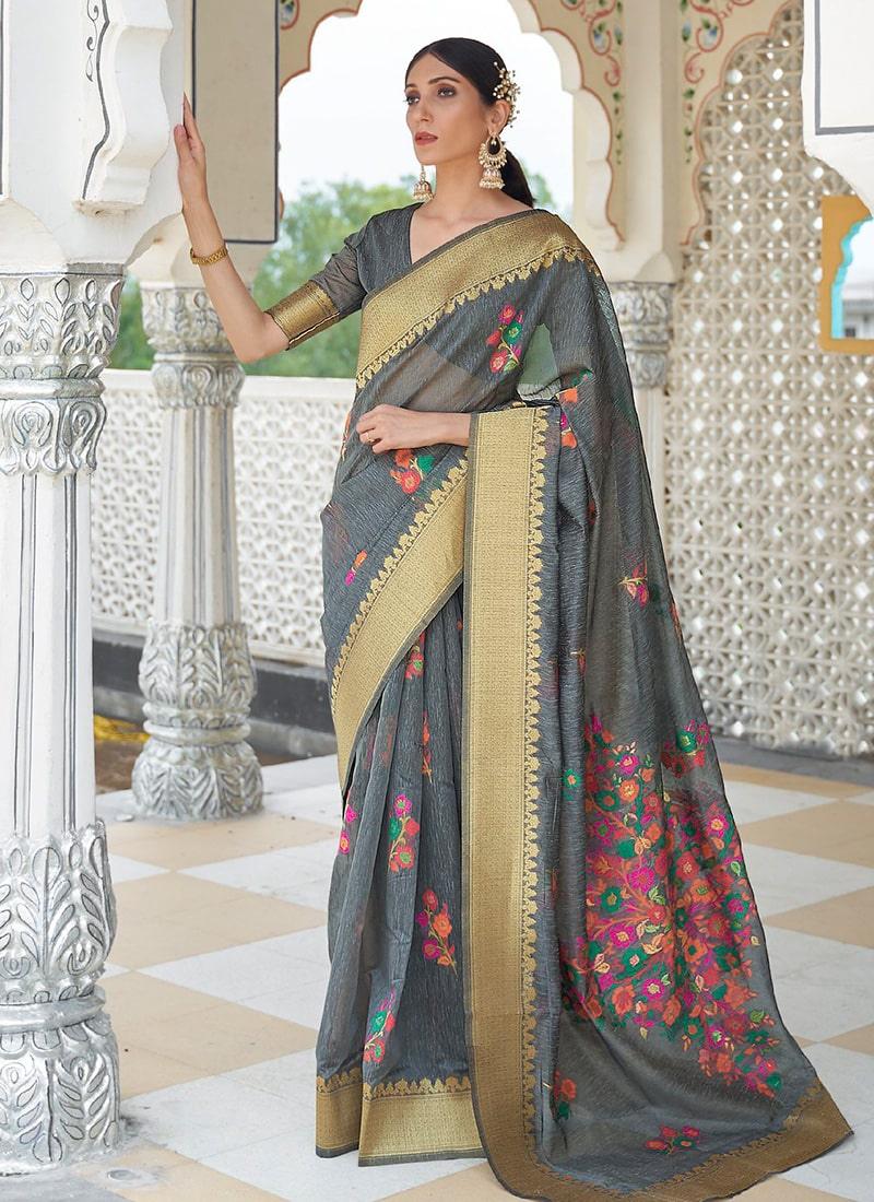 Engrossing Look Grey Color Linen Material Silk Weave Embroidered Saree Clearance Pictures