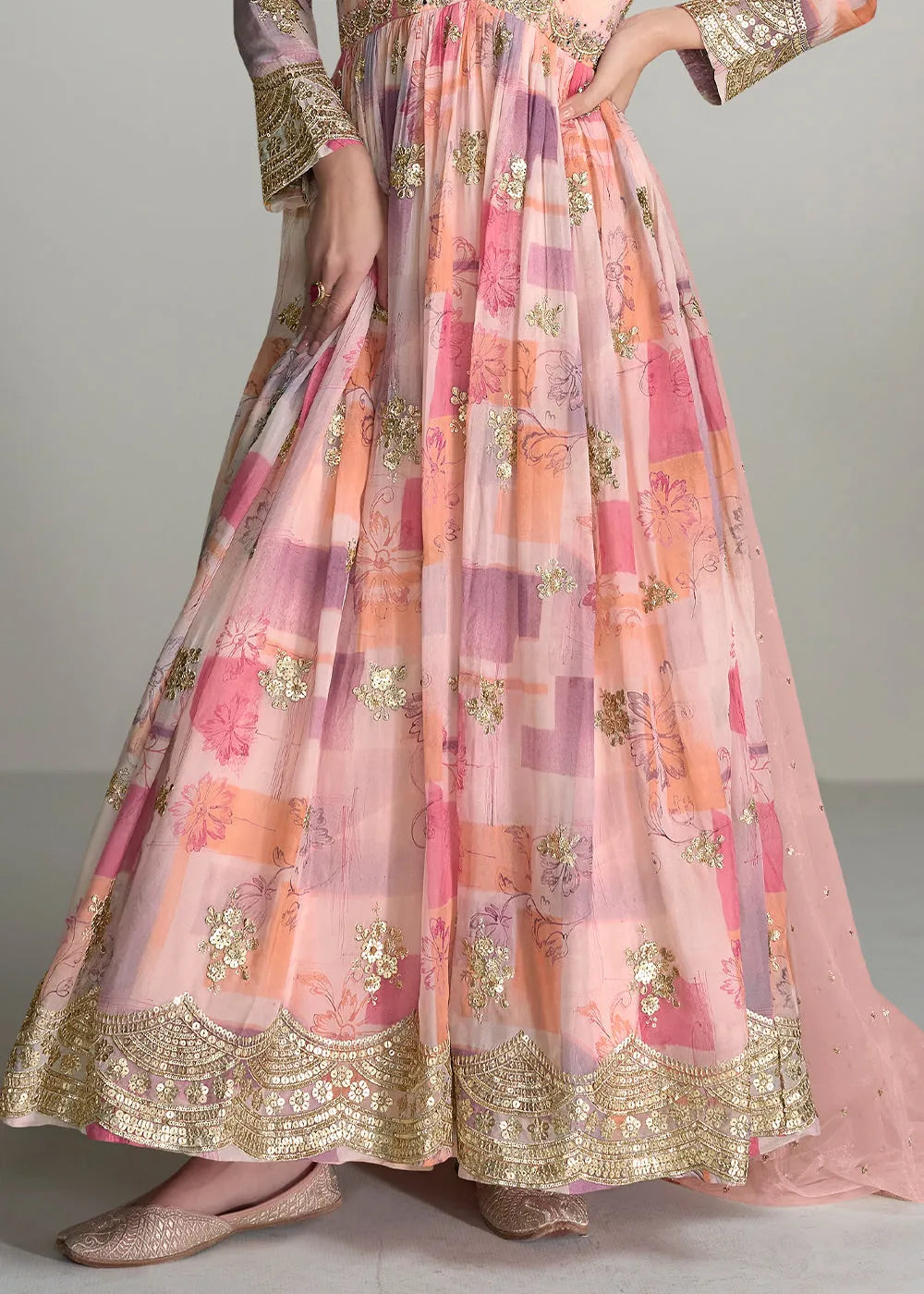 Pink Pure Chinon Printed Mirror Handworked Designer Gown Cheap Sale Pictures