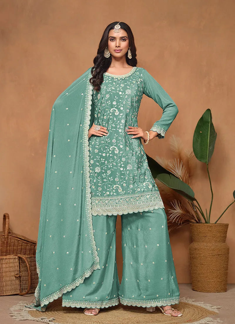 Teal Blue Chinon Festival Wear Top Palazzo Suit Recommend Cheap Pice