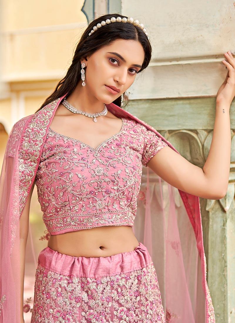 Sequins Embroidered Peach Soft Net Lehenga High Quality