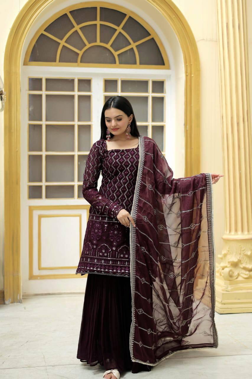 Stunning Faux Georgette Sequins Embroidered Top Sharara Set Cheap Sale Footlocker Finishline